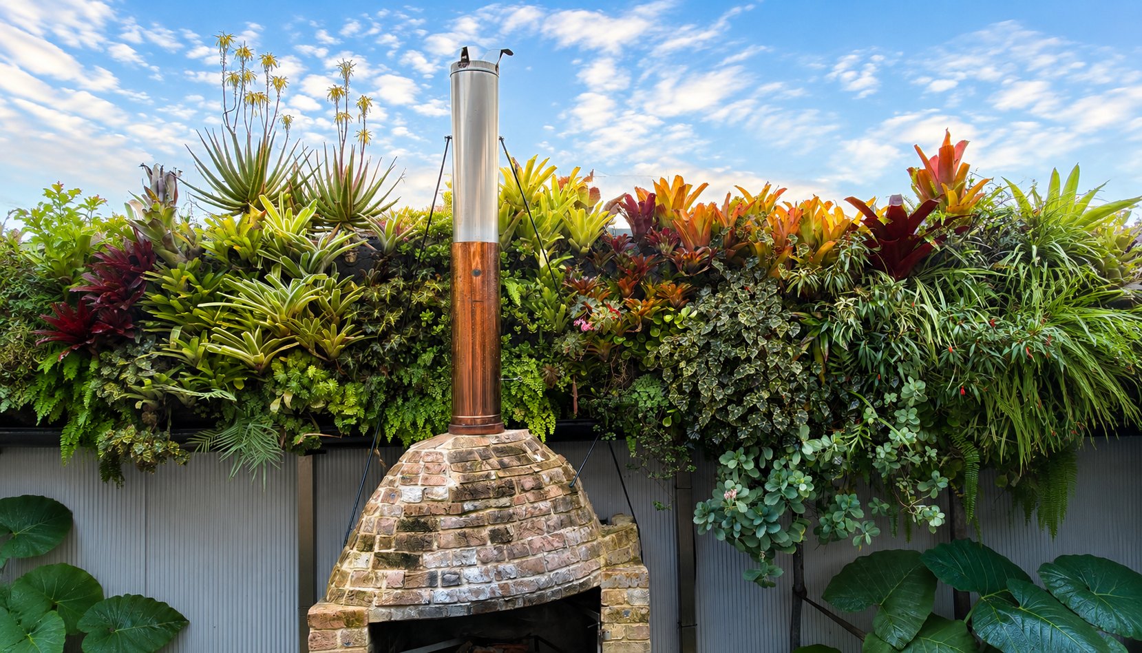 A green wall of bromeliads, crotons and ferns above a brick pizza oven in a Terrey Hills garden by Sam Bacales